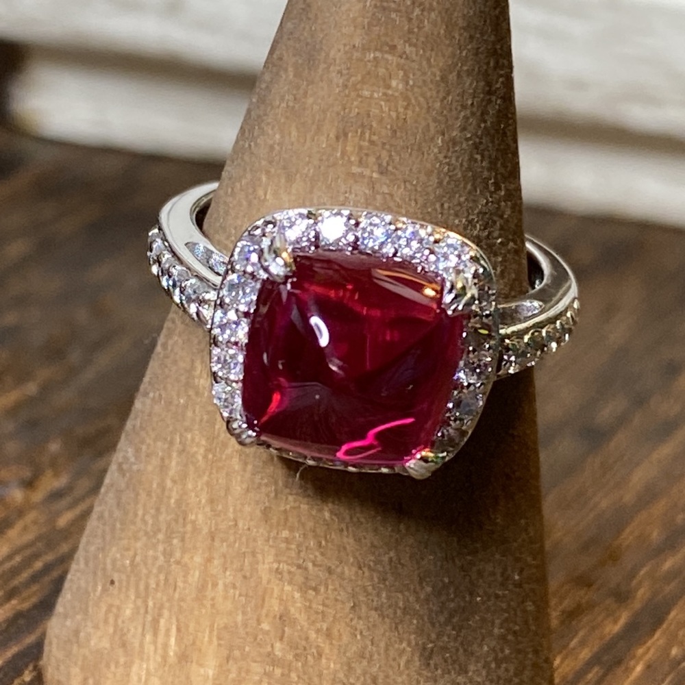 Diamonique Silver Ring with Deep Red Center Stone and Halo Diamonds